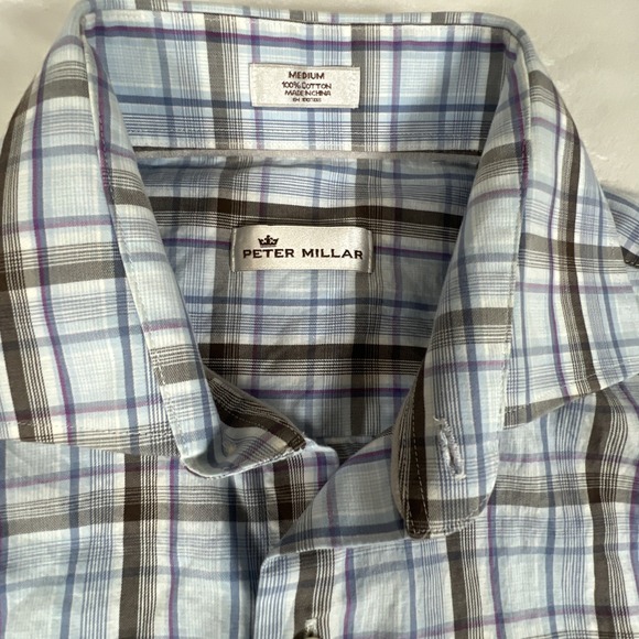 Peter Millar Crown Cotton Men's M Button‎ Up Long Sleeve Blue Check Shirt - Picture 4 of 7